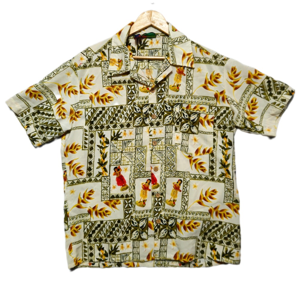 Roundy Bay Hawaiian Shirt Mens Large Hula Dancer Tropical Tribal Print